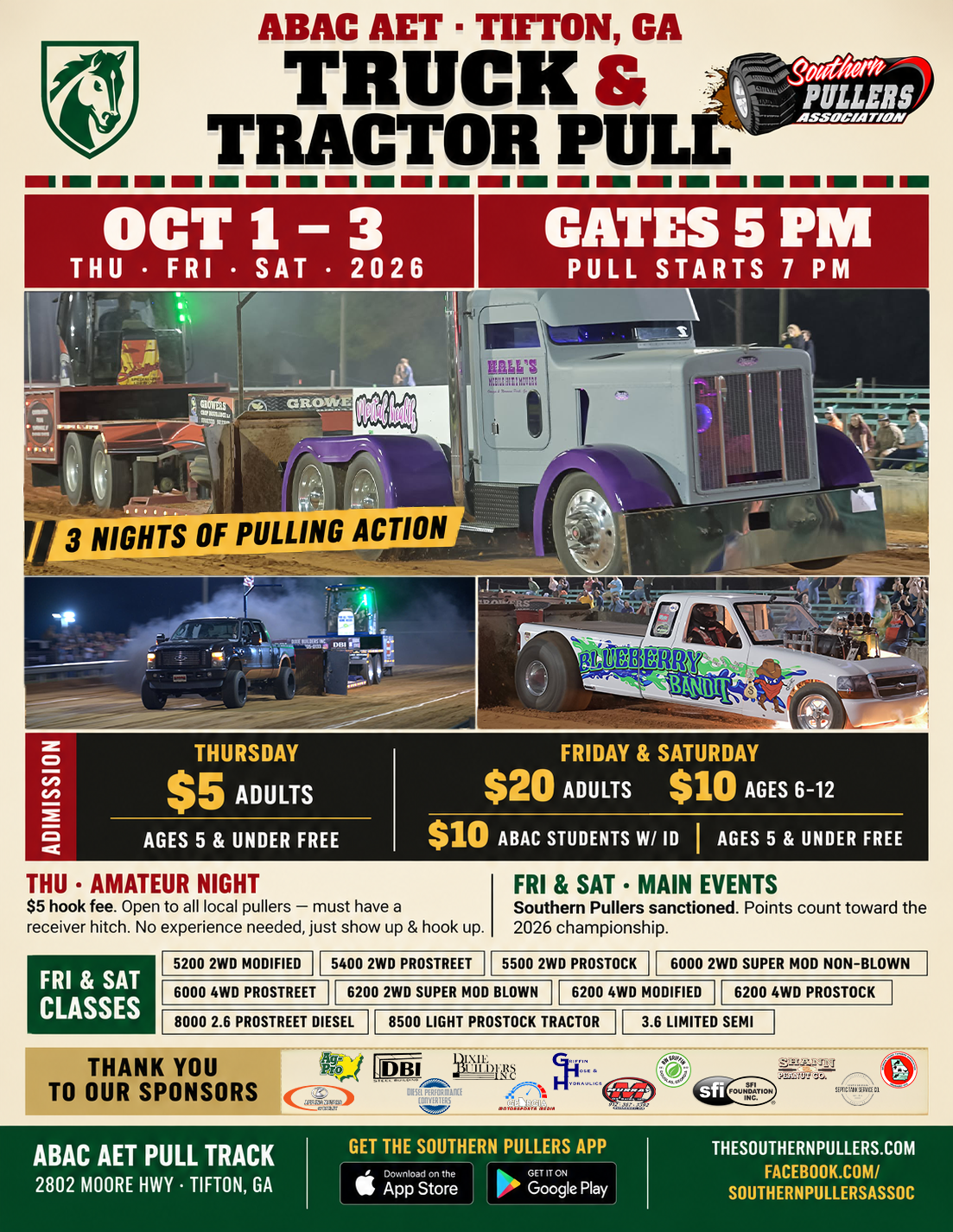 ABAC AET Truck & Tractor Pull flyer - October 1-3, 2026 at ABAC AET Pull Track, 2802 Moore Hwy, Tifton, GA. Gates 5 PM, pull starts 7 PM. Thursday amateur night $5 adults; Friday & Saturday $20 adults, $10 ages 6-12 and ABAC students with ID, 5 & under free.