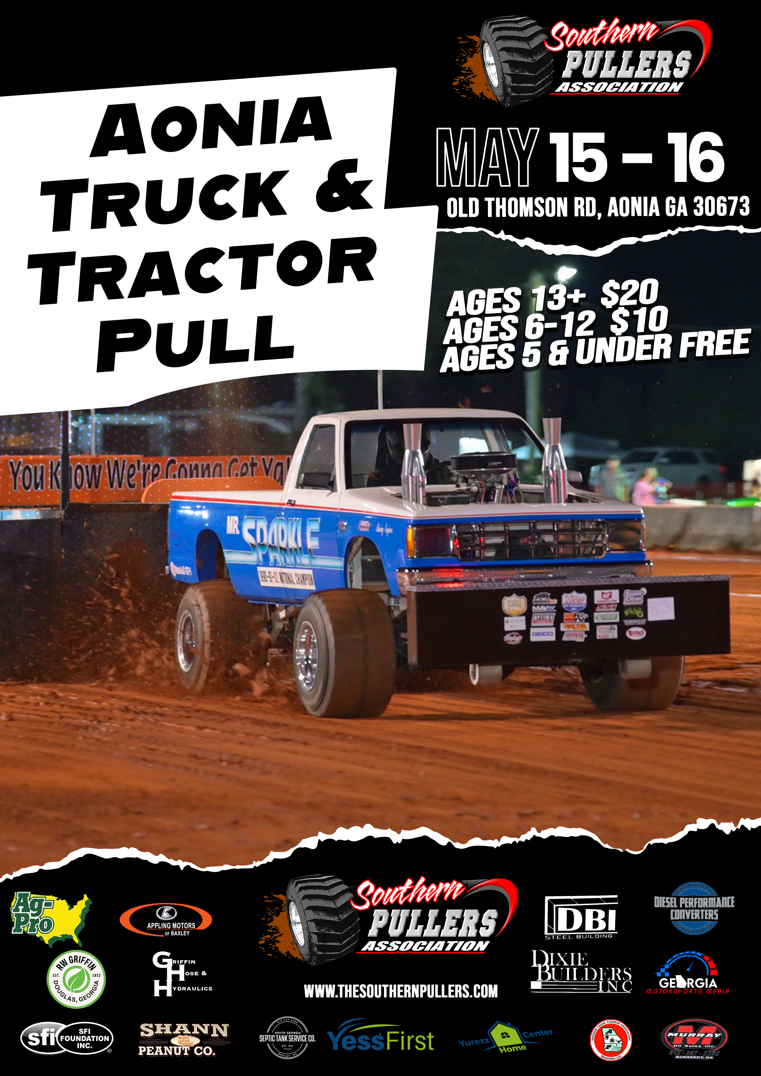 Aonia Truck and Tractor Pull 2026 Event Flyer — May 15-16 Aonia GA