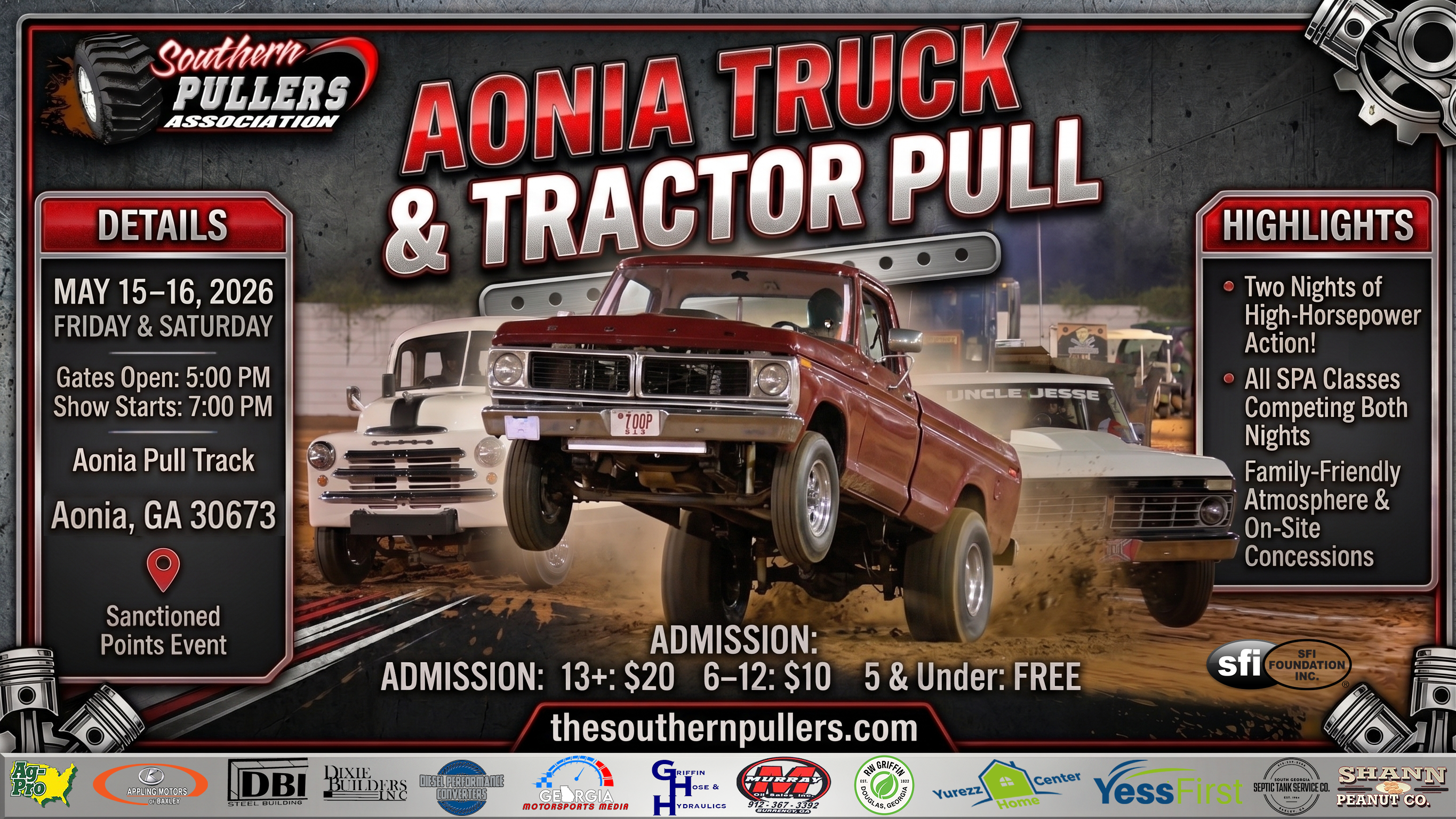 Aonia Truck and Tractor Pull 2026 Event Flyer – May 15-16 Aonia GA