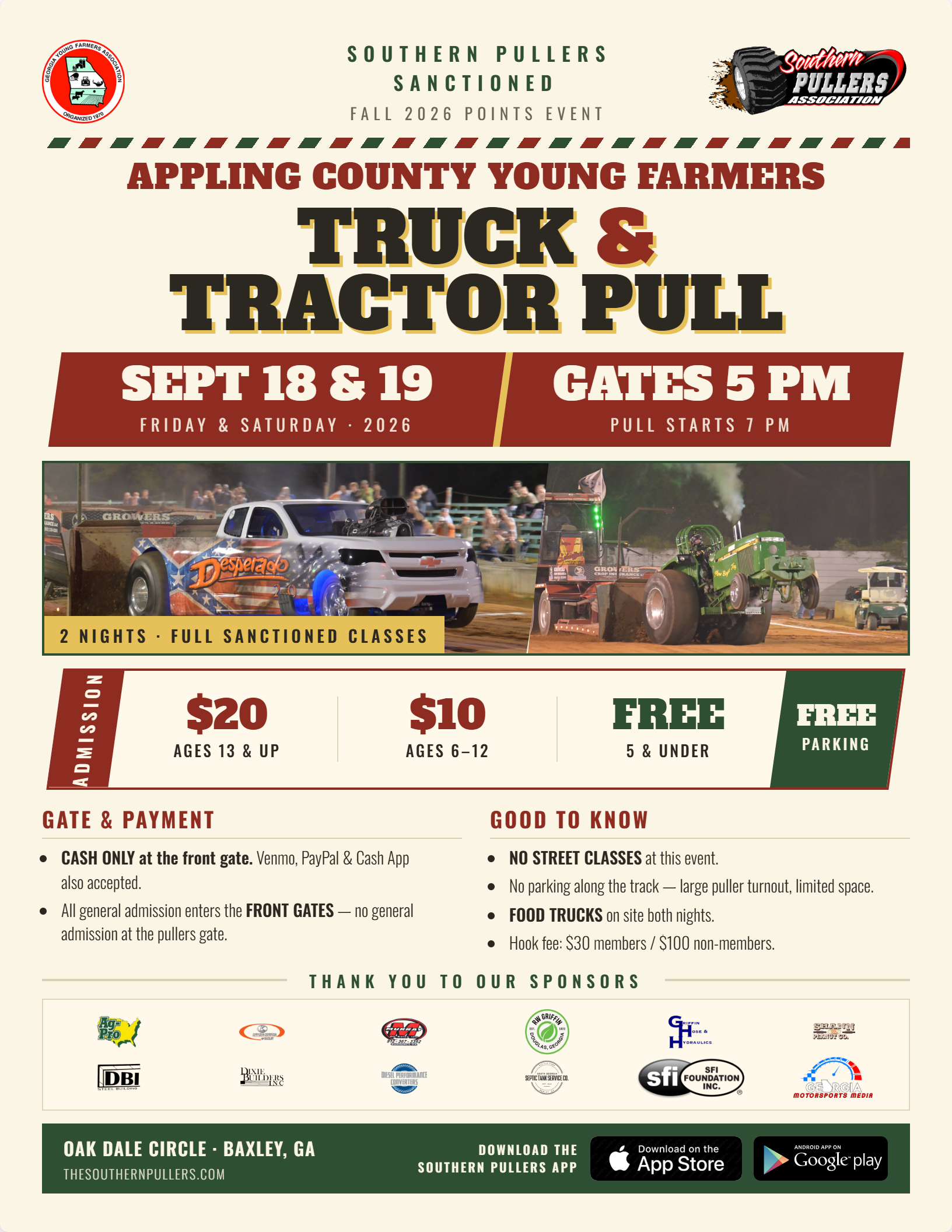 Appling County Young Farmers Truck & Tractor Pull flyer - September 18 & 19, 2026 at Oak Dale Circle, Baxley, GA. Gates 5 PM, pull starts 7 PM. Admission $20 ages 13 & up, $10 ages 6-12, 5 & under free. Free parking.