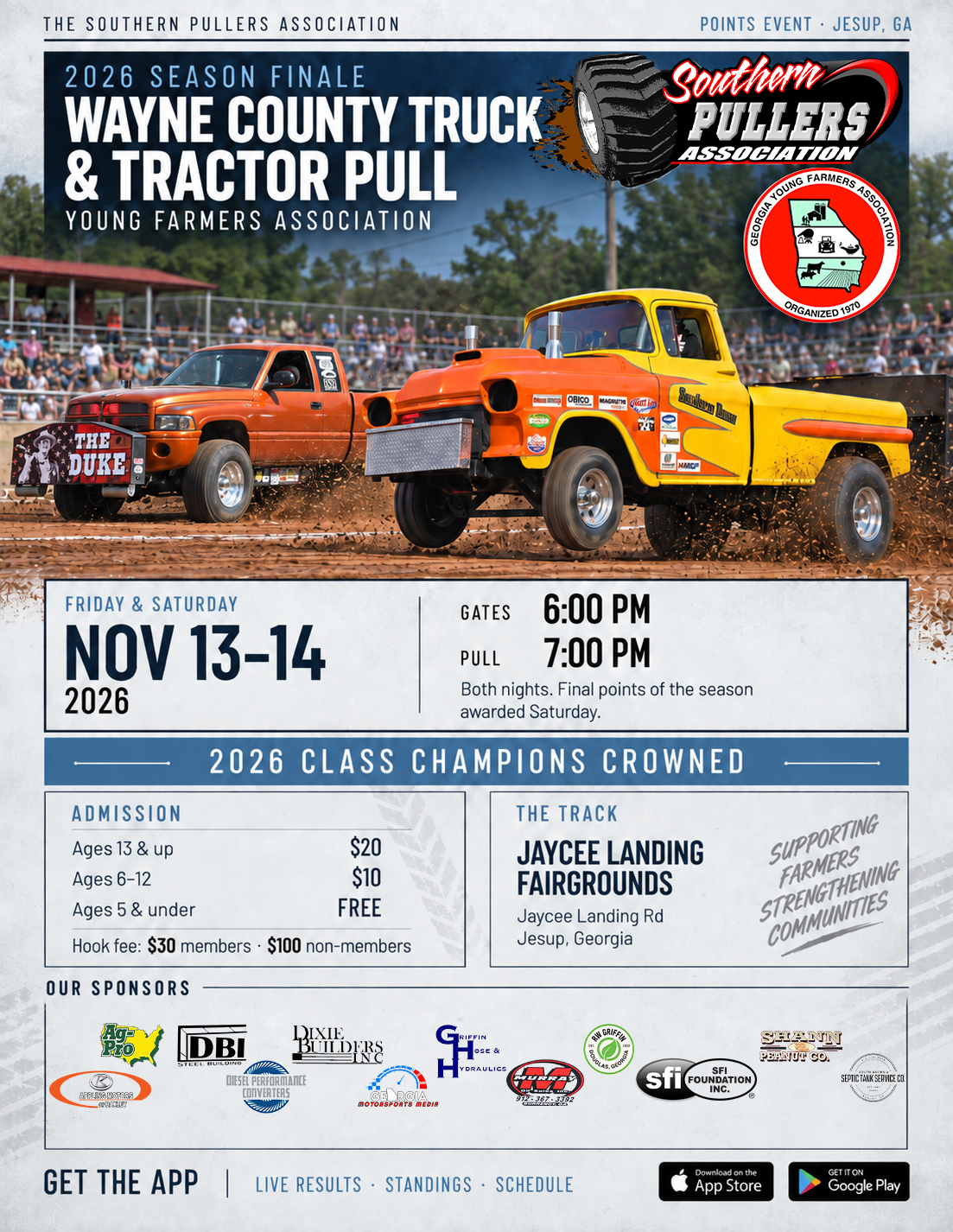 2026 Season Finale - Wayne County Young Farmers Truck & Tractor Pull flyer. November 13-14, 2026 at Jaycee Landing Fairgrounds, Jaycee Landing Rd, Jesup, GA. Gates 6 PM, pull starts 7 PM. Admission $20 ages 13 & up, $10 ages 6-12, 5 & under free. 2026 class champions crowned.